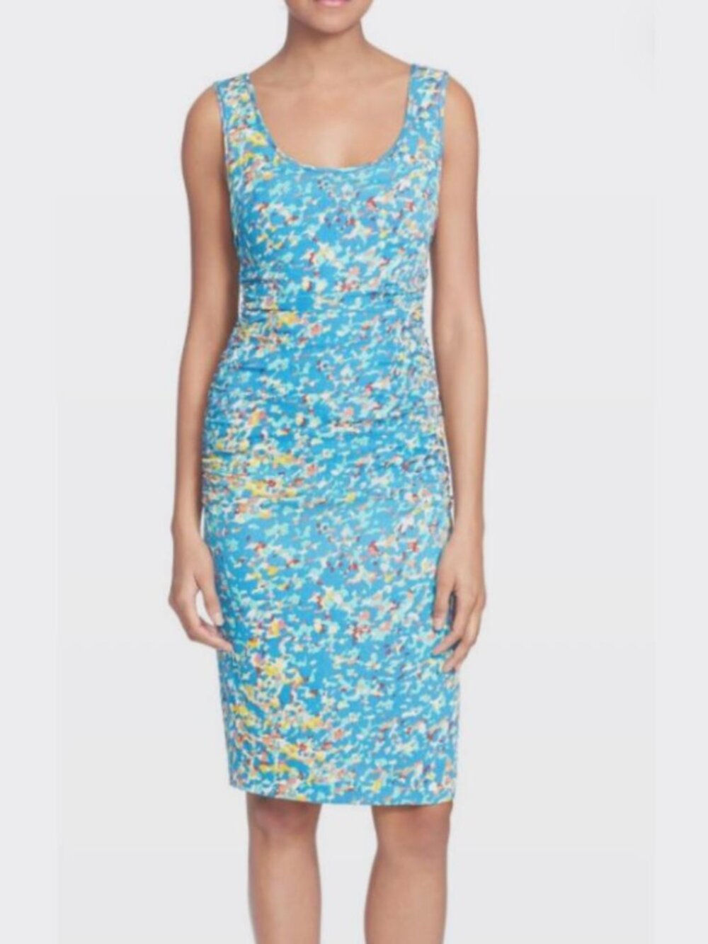 Tracy Reese "T" print stretch silk crepe tank dress ruched blue shift tropical 4
